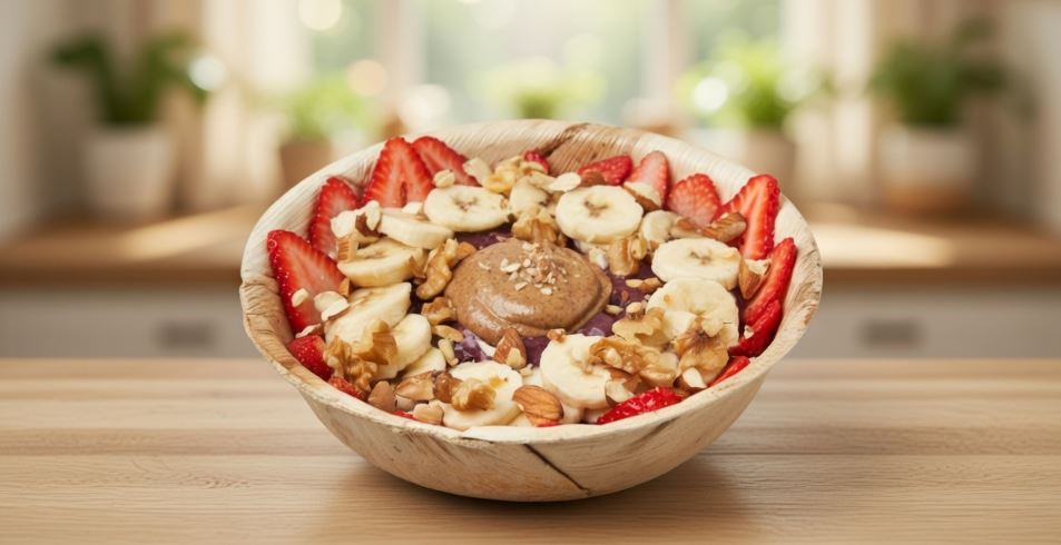 Acai Protein Bowl cold-pressed acai bowl — Base: Amazonian Acai, Plant Based Vanilla Protein & BananaToppings: Almond, Waln