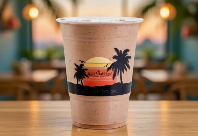 Crunchy Monkey cold-pressed meal replacement smoothie — Almond Milk, Banana, Cacao Powder, Goji Berries, Cacao Nibs, Walnuts, Dates, Cin