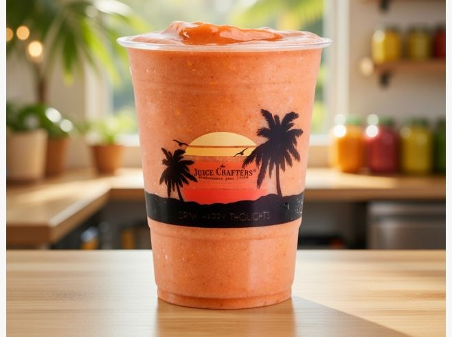 Golden Mushroom cold-pressed cold-pressed smoothie — Apple Juice, Orange, Strawberries, Mango Sorbet, Golden Berries & Lion's Mane