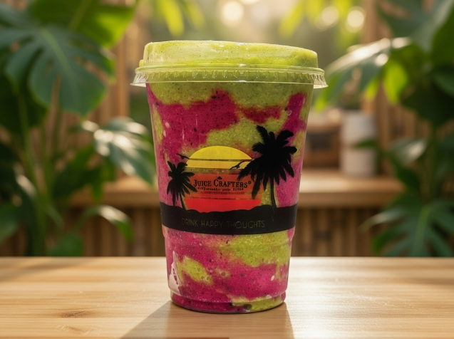 Island Breeze cold-pressed cold-pressed smoothie — Kale, Orange, Pineapple, Apple Juice, Banana & Dragon Fruit Sorbet