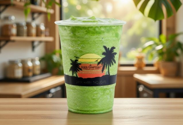 Minty Cup cold-pressed cold-pressed smoothie — Cold-pressed apple juice, banana, blueberries, orange, chia seeds, flax seeds, t