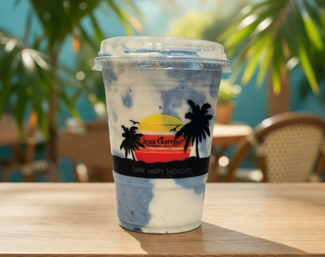 Sunny Malibu cold-pressed meal replacement smoothie — Banana, Almond Milk, Dates, Almonds, Coconut Flakes, Cinnamon, Ashwagandha, Coco